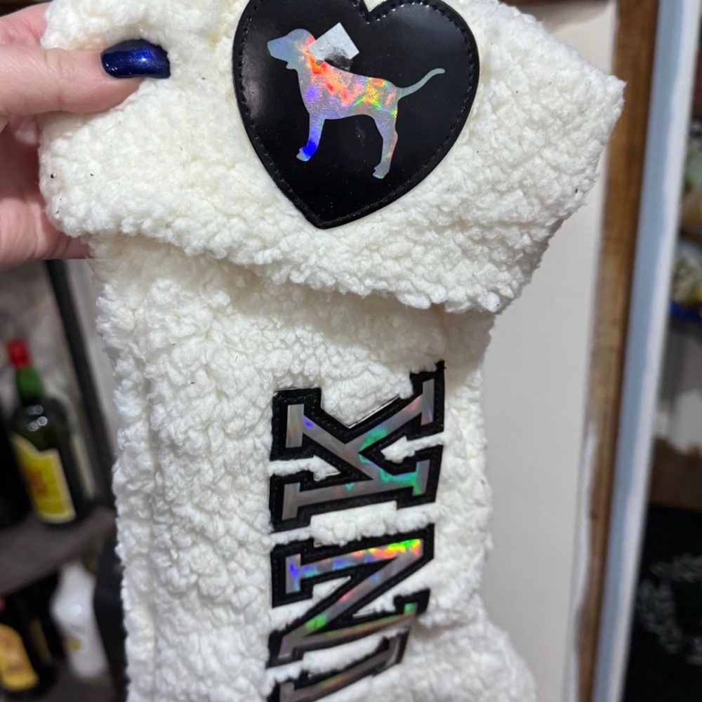 PINK Victoria's Secret White Sherpa Dog Sweater with Holographic Logo